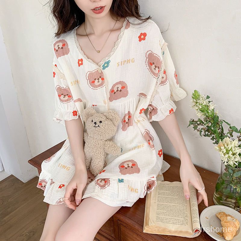 Jepang manis manis piyama musim panas wanita katun musim panas gadis renda renda katun linen gaya pu