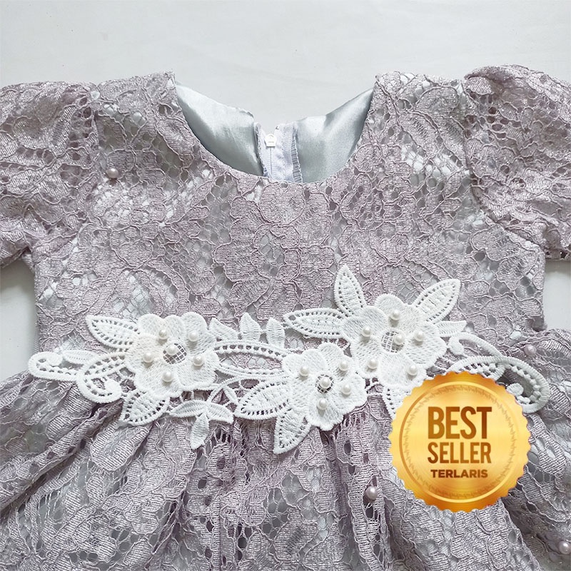 Dress Brukat Anak 1 Tahun Gaun Warna Abu Silver Baju Pesta Anak 6 12 Bulan Bahan Brukat Gliter KA137