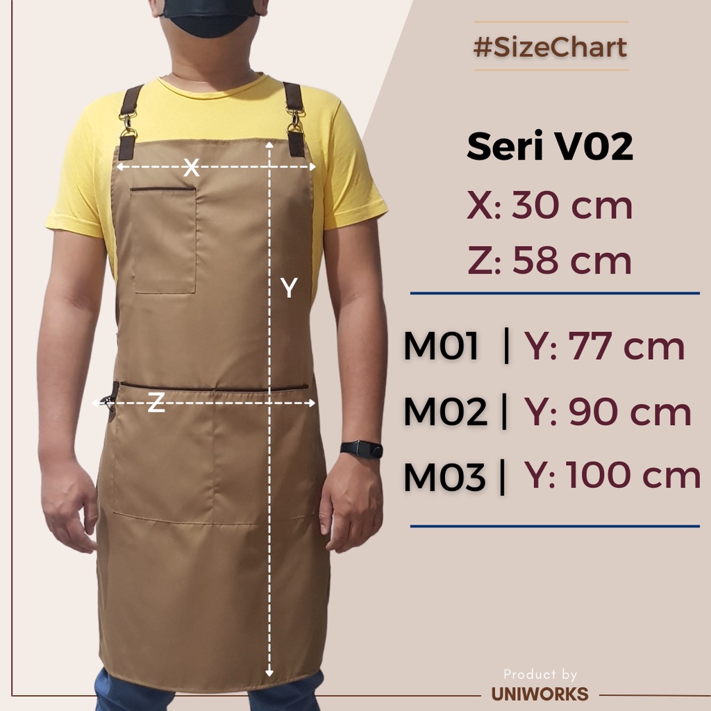 UNIWORKS Apron Barista Premium Seri V02 Bahan American Drill Original dengan Kombinasi 6 Warna dan 3 Ukuran Panjang