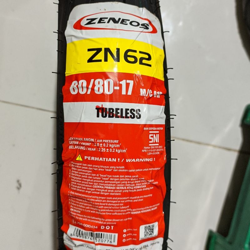 BAN LUAR TUBELESS 80/80-17 ZENEOS ZN62 SEPEDA MOTOR