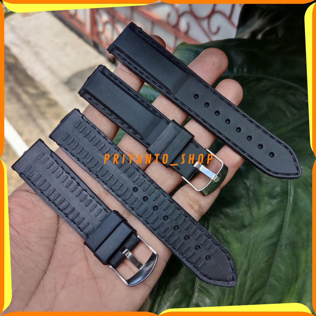 Strap Tali Jam Tangan Karet 20mm 22mm 24mm Rubber Jahit Hitam