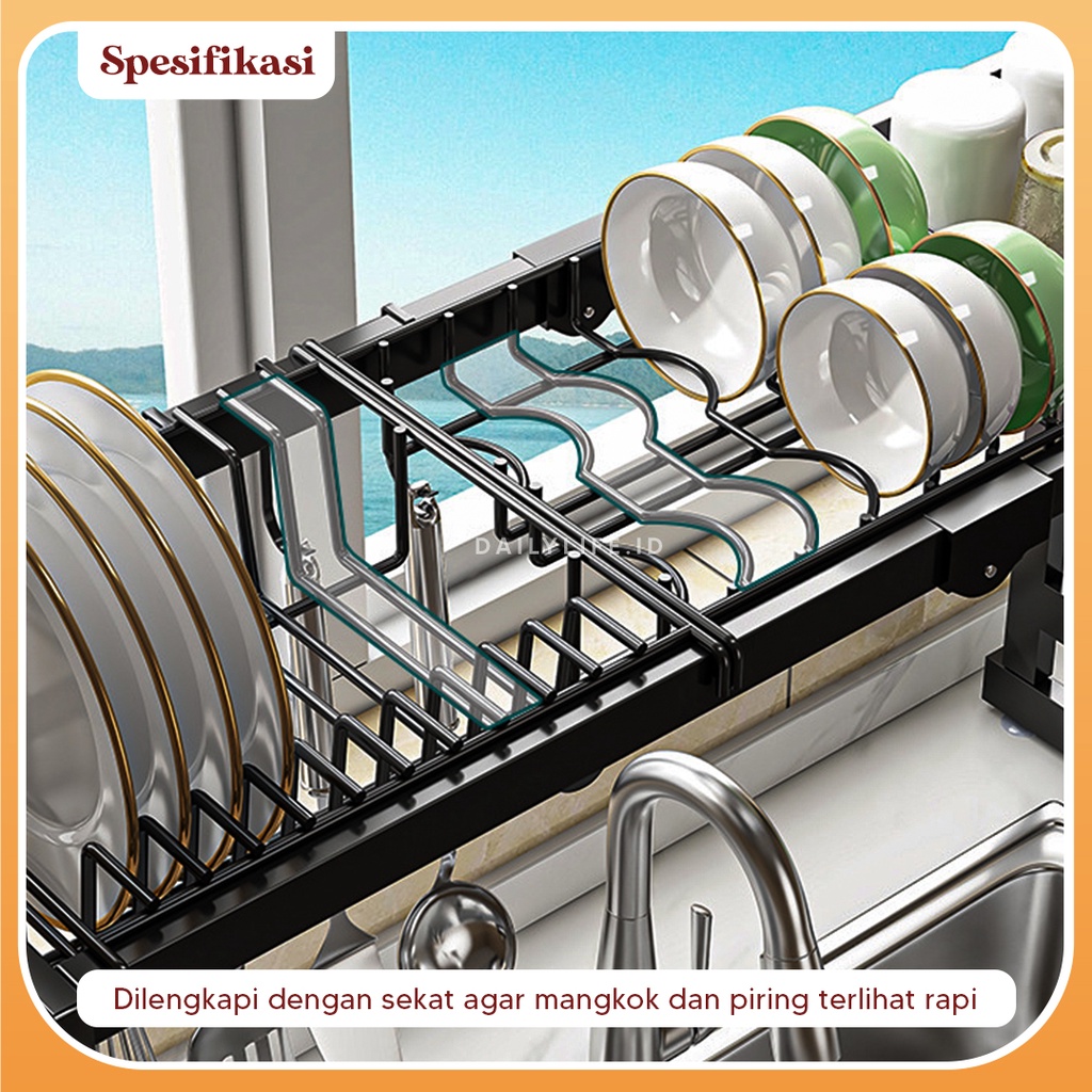 Rak Piring Wastafel Stainless Steel Hitam Peralatan Dapur Kokoh Kuat - ADJUSTABLE DISH RACK - Dailylife.id