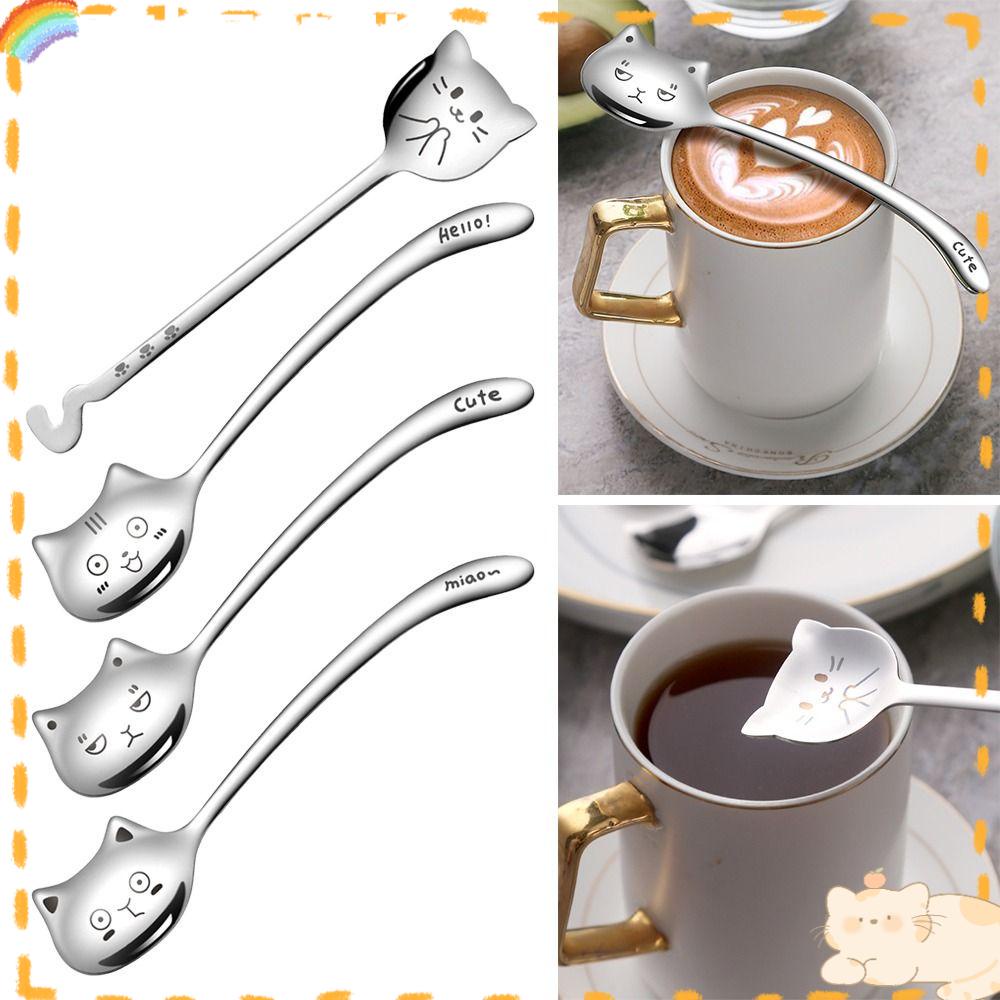 Solighter 2Pcs Dessert Spoon Kucing Lucu Stainless Steel Sendok Teh Kreatif Spoon