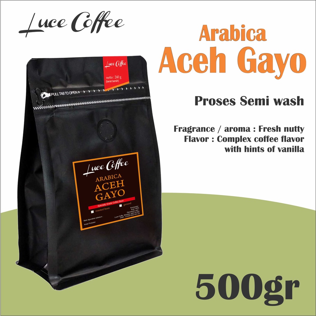 

Luce Coffee, Kopi Arabica Aceh Gayo 500gr ,biji sangrai atau bubuk