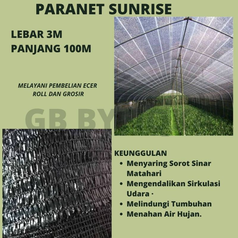 Paranet 1 ROLL Sunrise 80% Rajut 50% Grand 90% Warna Hitam Lebar 3 Meter HDPE Jaring Peneduh Tanaman