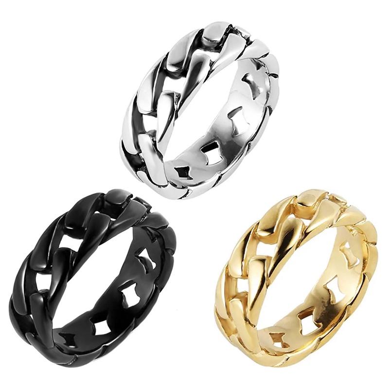 Cincin Rantai Chunky Tebal Warna Emas Perak Punk Vintage Cuban Curb Link Wedding Ring Untuk Wanita Pria