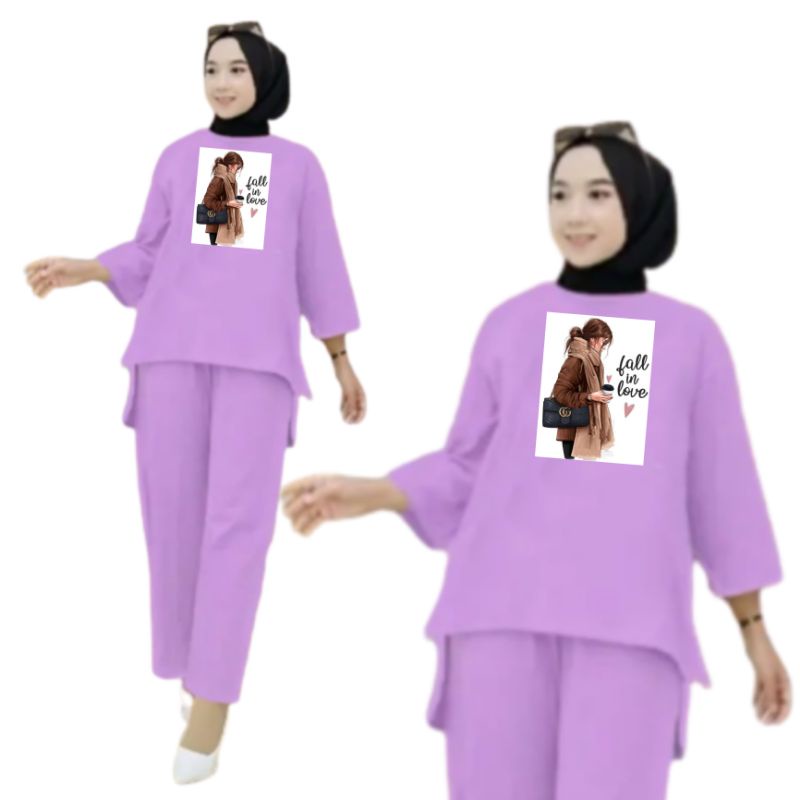 Setelan Kaos Wanita Dewasa Oversize Ld 130 cm Terbaru 2023 Viral Gambar DTF Bahan Kaos Babyterry Tangan 3/4 dan Celana Panjang One Set Wanita Dewasa Jumbo Kekinian Atasan Baju Wanita Dewasa Big Size Stelan Baju Wanita Santai Cewek Fall In Love