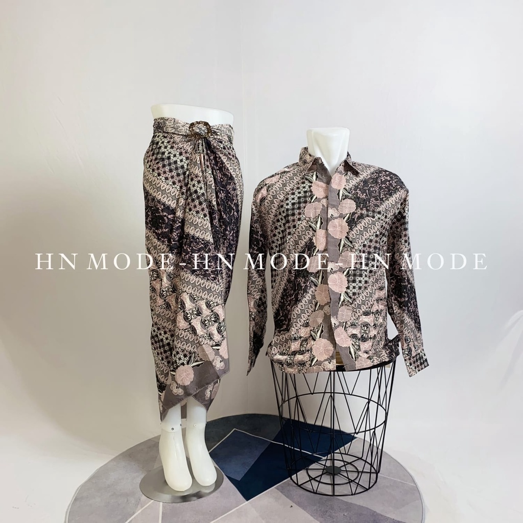 HN MODE - Couple kemeja batik panjang mix rok lilit motif coin