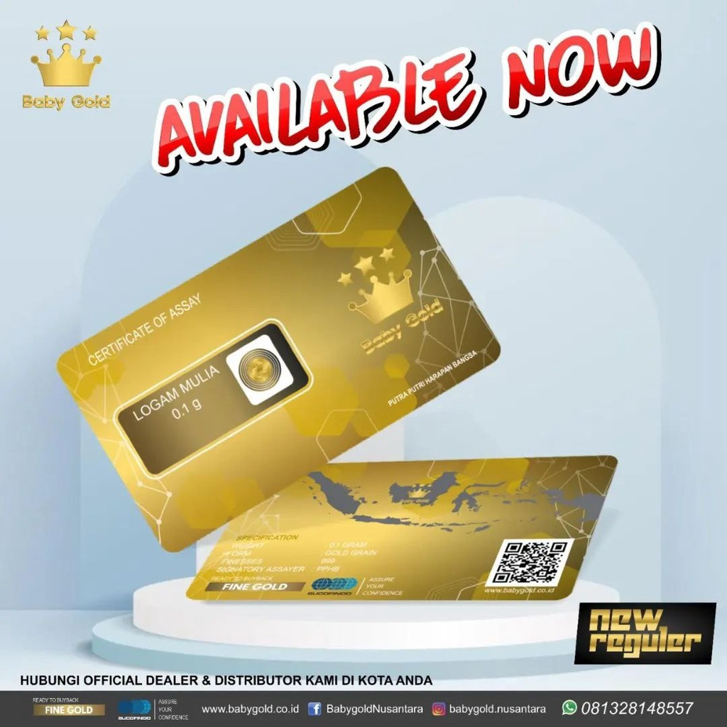 BABY GOLD Reguler Series 0.1 Gram Kemasan Laminating TERMURAH TERLARIS Emas Mini Emas Batangan Logam Mulia Murni 24 Karat Bersertifikat Resmi Asli Original Tabungan Emas Souvenir Keren Mewah