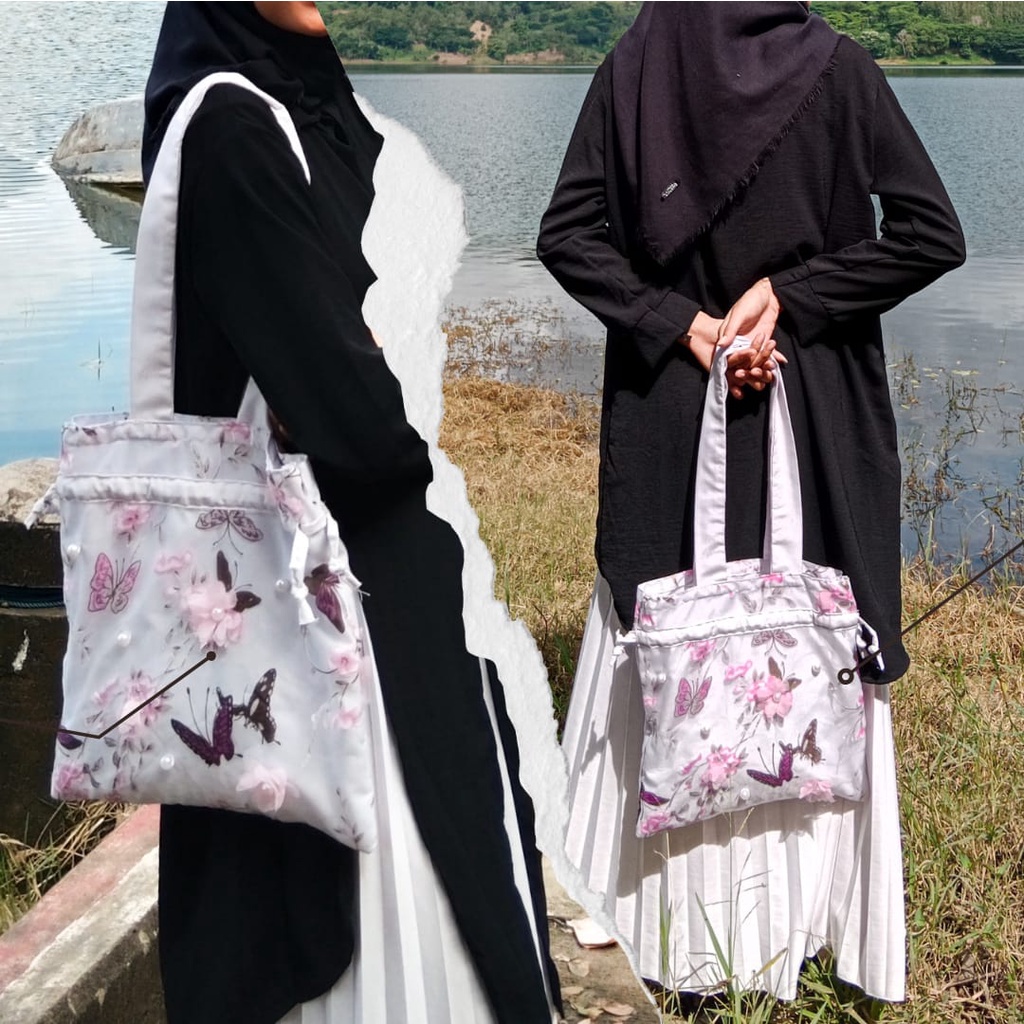 Vintage totebag organza motif 3D bunga timbul