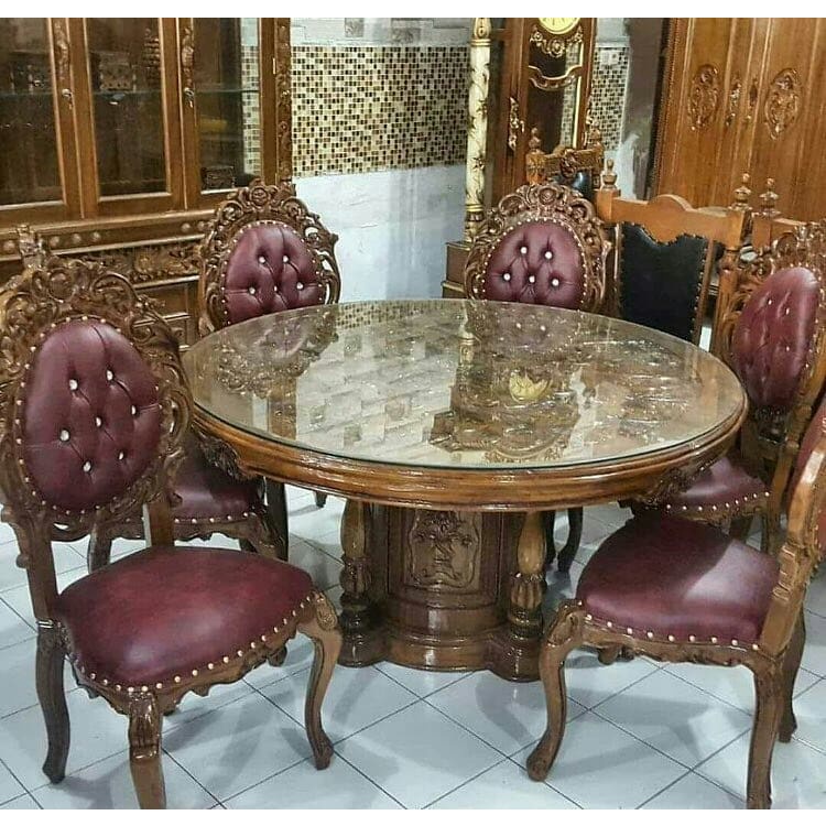 Set 6 Kursi Rosalia Meja Makan Bulat Plus Kaca Ukiran Jepara