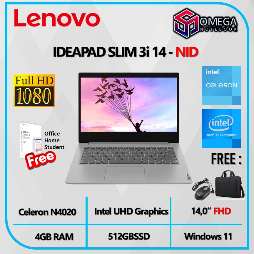 Lenovo Ideapad Slim 3i 14 - Intel Celeron N4020 4GB 256GB/512GB SSD Win10+OHS 14&quot; HD/FHD