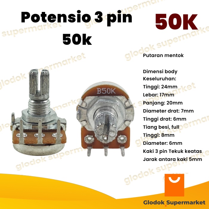 Potensio 3 pin 50k Mono Kaki 3 Tekuk keatas Drat Potensiometer 503