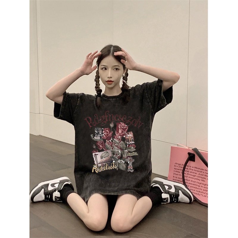 Kaos oversize hitam oversize lengan pendek letter washed baju wanita  graphic print T-shirt/oversize tshirt