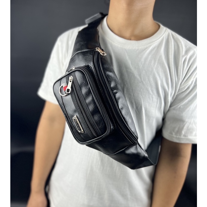 Tas Pinggang  Bahan Kulit PU Leather Import Polo Amstar Waistbag Waterproof Tas Selempang Terbaru Tas Pria