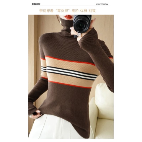 Sweater Turtleneck Rajut Wanita Strip Terbaru