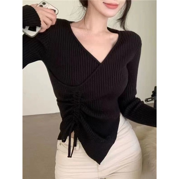 Red Musim gugur dan musim dingin V-neck rajutan bottoming kemeja pakaian dalam wanita musim gugur dan musim dingin Perancis pinggang tidak teratur sweater lengan panjang rajutan sweater top