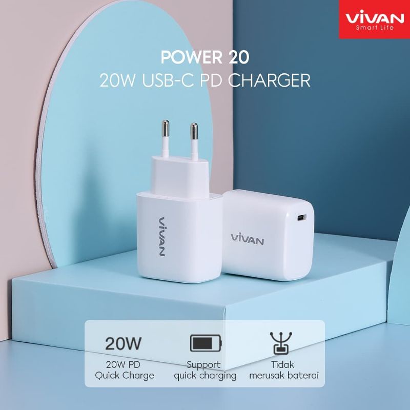 Kepala Charger VIVAN Power 20 USB Type-C PD Quick Charge Power Delivery 3A 20W KEPALA CHARGER IP 12 13 14 SAMSUNG S10 20 21 22 NOTE 10 10+ 20 20+ 21