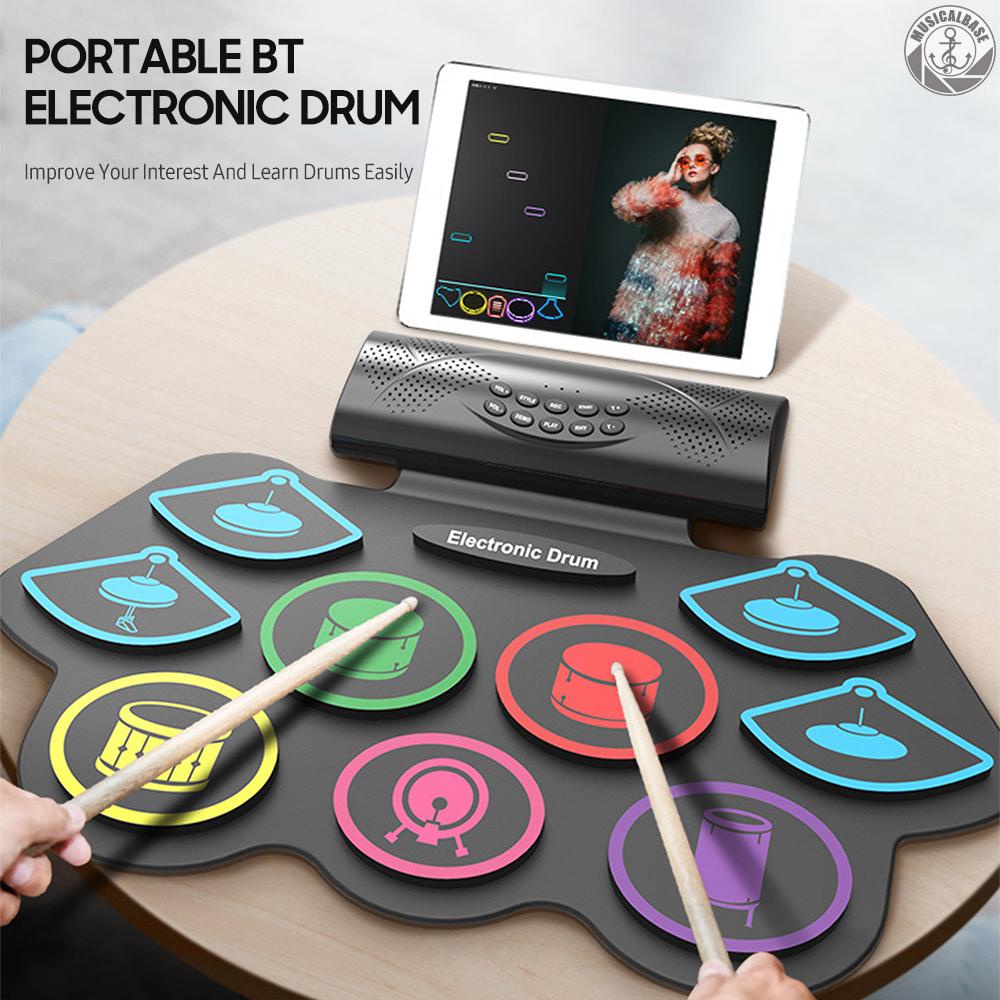 [Tersedia] 9pad Set Drum Elektronik Drum Latihan Gulung Built-in Dual Speaker BT Tabletop Drum Dengan Jack Headphone Mendukung Fungsi Rekaman