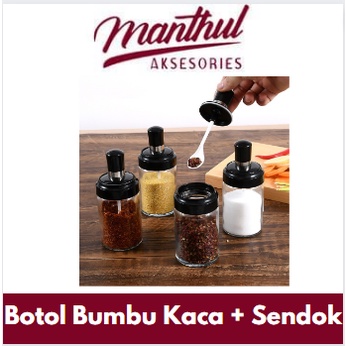 Botol Bumbu Kaca + Sendok Wadah Tempat Kopi Gula Garam Micin Serbaguna