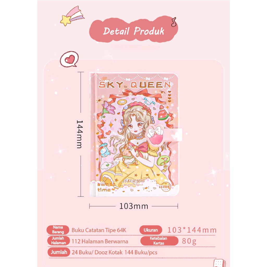 MSY Book Diary 128 lembar/132lembar Motif Kartun Lucu/Motif Aesthetic Anime/Notebook Agenda/Diary Portable Unik