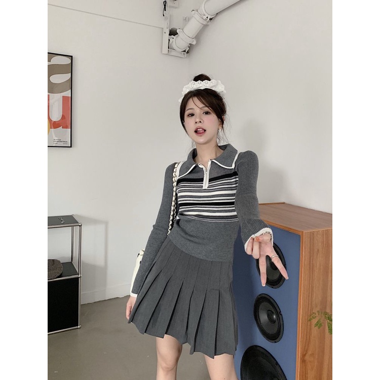 Red Polo Bergaris Kerah Rajutan Sweater Wanita Musim Gugur dan Musim Dingin Atasan Ritsleting Baru Lengan Panjang Slim Fit Chic Pendek Kemeja