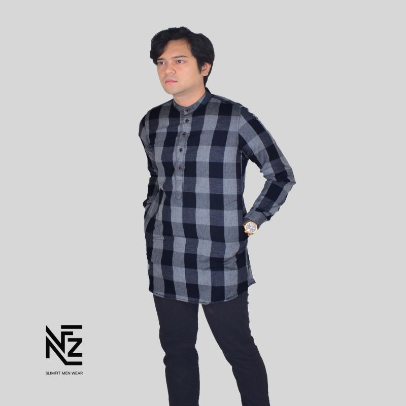 Baju koko Shanghai Flanel Pria Lengan Panjang Slimfit Kurta Pakistan