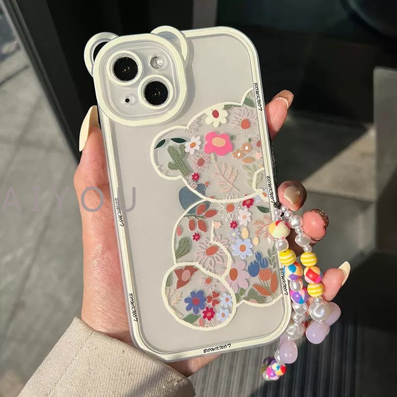 IPHONE Korea Lucu Bunga Beruang Hati Mutiara Gelang 3D Telinga Beruang Casing Ponsel Untuk Iphone14 13 12 11 Pro XS Max X XR Kawaii Shockproof Soft Cover