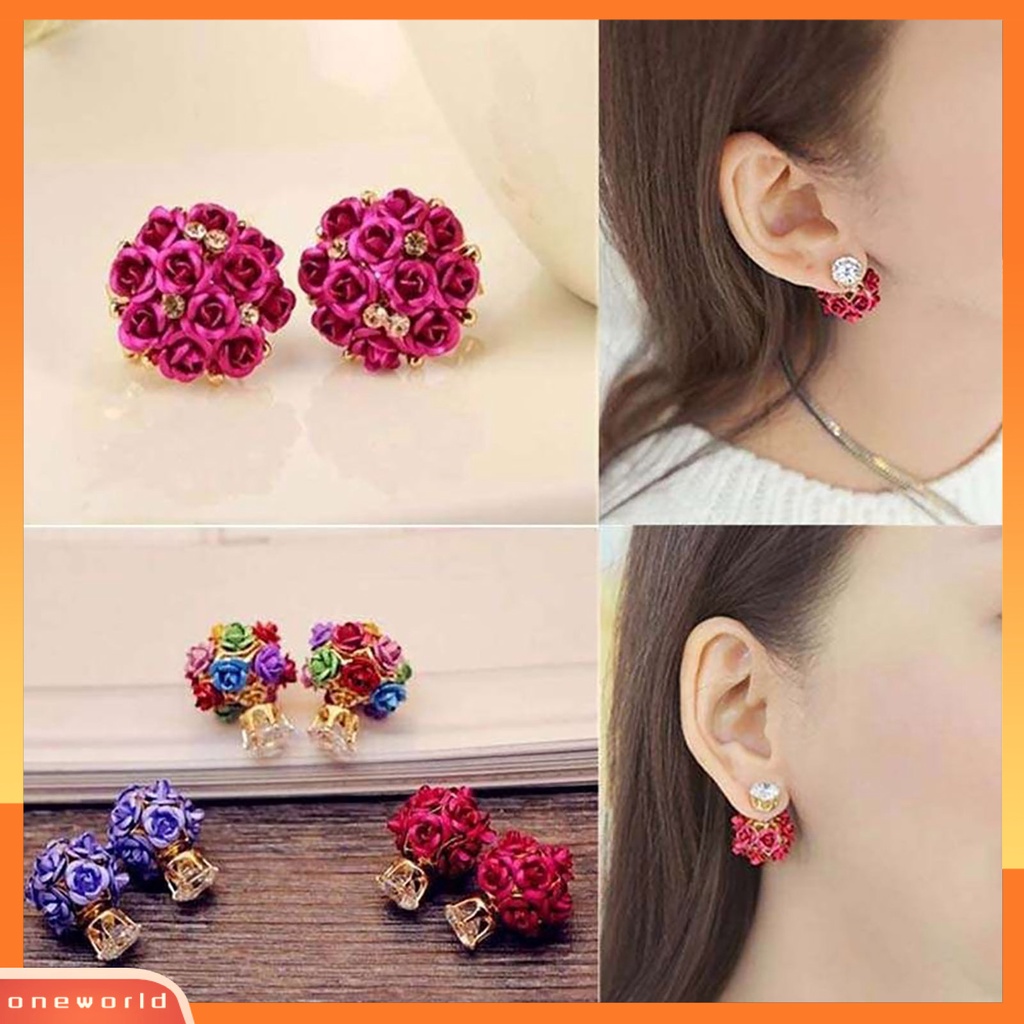 {oneworld} Ear Studs Indah Desain Bola Bunga Mawar Bahan Alloy Berlian Imitasi Anting Untuk Perjamuan