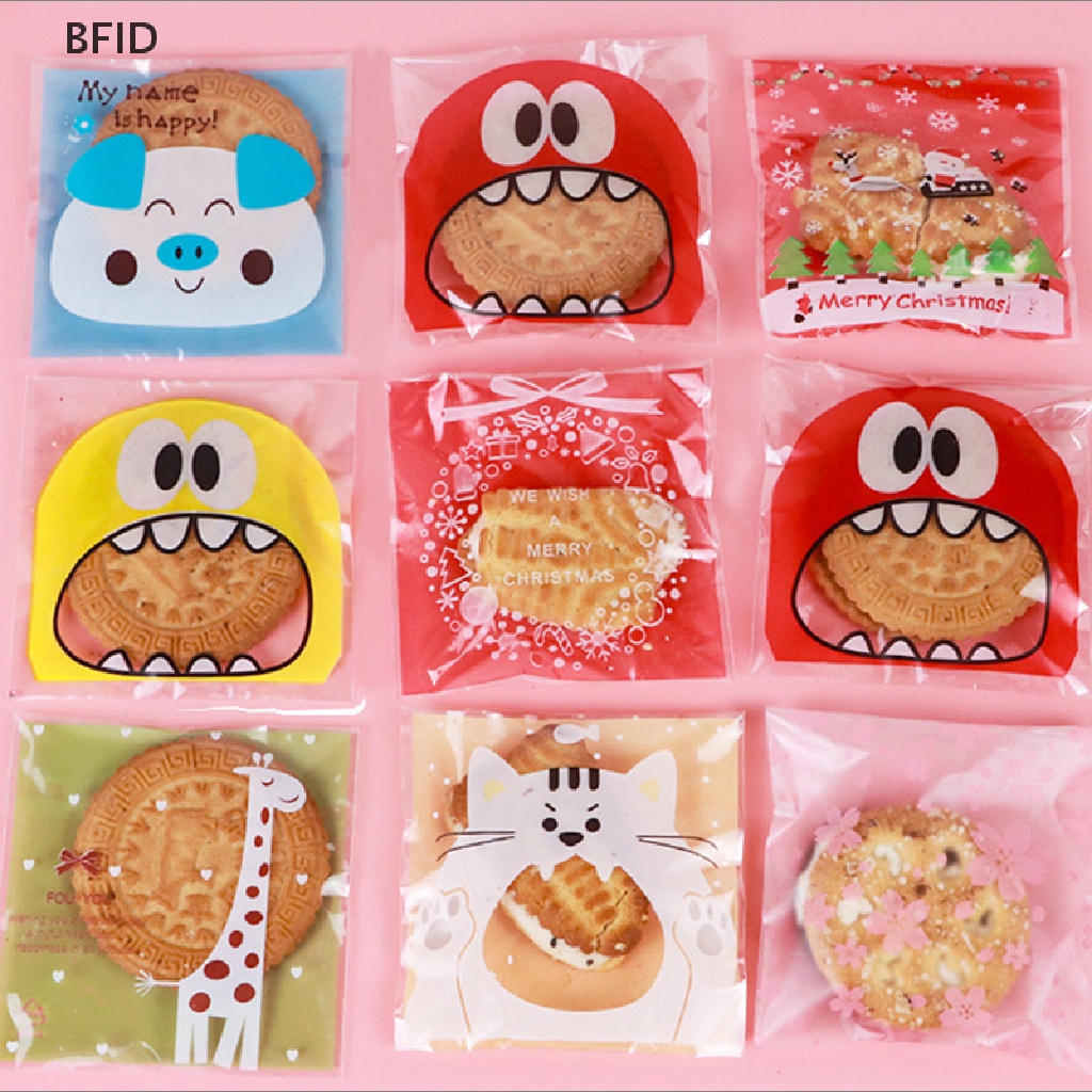 [BFID] 100pcs/pack Kartun Kue Permen Perekat Diri Tas Biskuit Snack Baking Bags [ID]