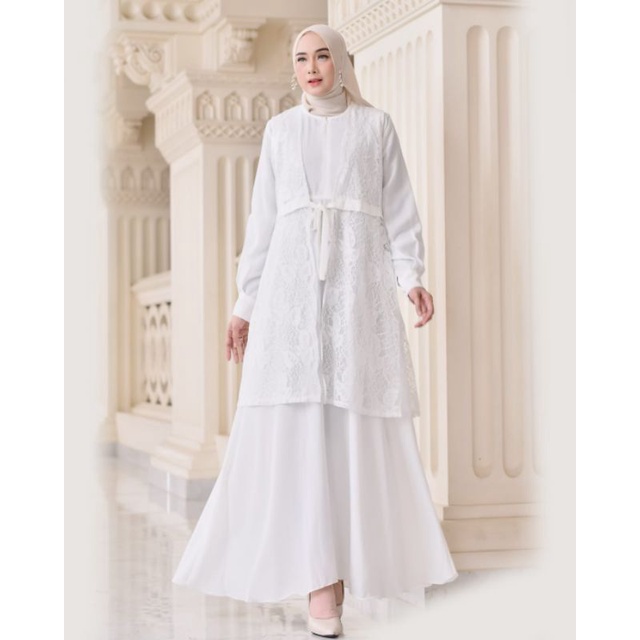 Gamis Monalisa Kardigan One Set Mix Brukat Khusus Putih JUMBO Outer Lebaran Manasik Haji Umroh Serag