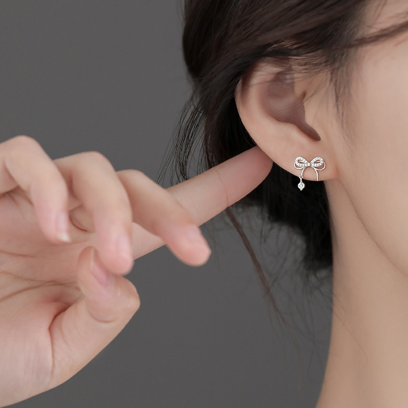 Kami Bunga Elegan S925 Perak Berlian Imitasi Busur Stud Anting-Anting Untuk Wanita Gadis Korea Bersinar Zirkon Ikatan Simpul Anting-Anting Perhiasan Telinga Mode