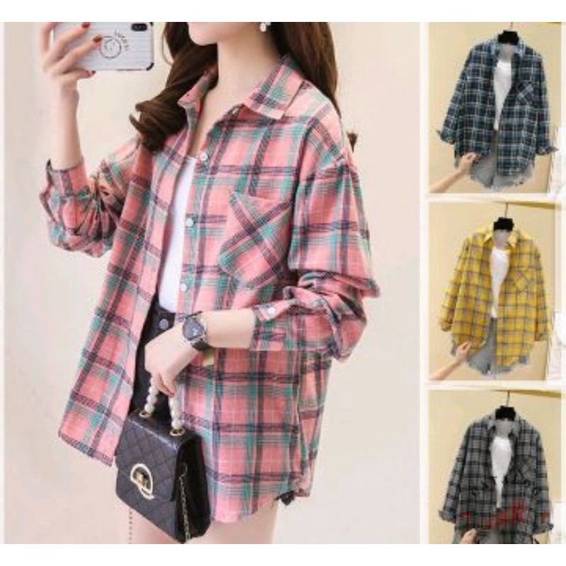 Bisa COD Kemeja Flannel Wanita Lengan Panjang Nyaman Dipakai Kemeja Kotak Wanita Terbaru Kemeja Flan