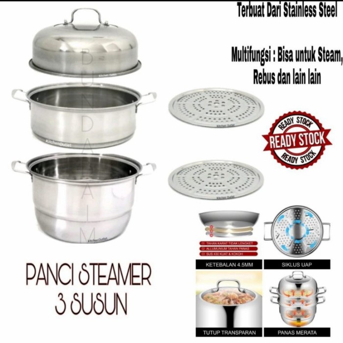 panci langseng kukus 28cm 3susun Bahan stainless steel tebal