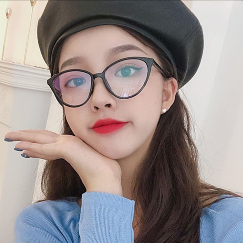 (YUZHU) Western Fashion Cat Eye Bingkai Kecil Kacamata Vintage Fashion Oval Bingkai Anti Cahaya Biru Kacamata Wanita