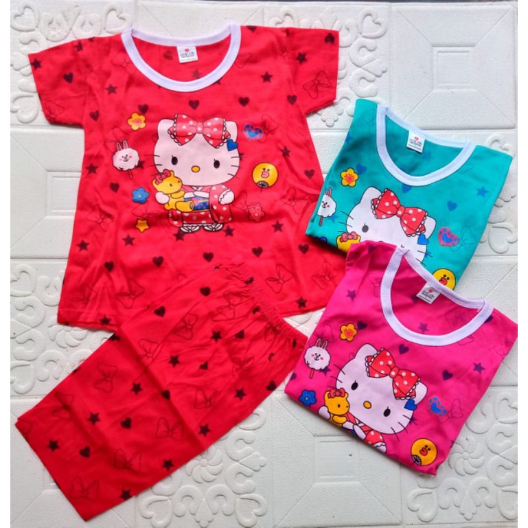 Baju Setelan harian celana pendek anak perempuan 1-5 tahun / setelan pendek anak cewek hello kitty doraemon lol