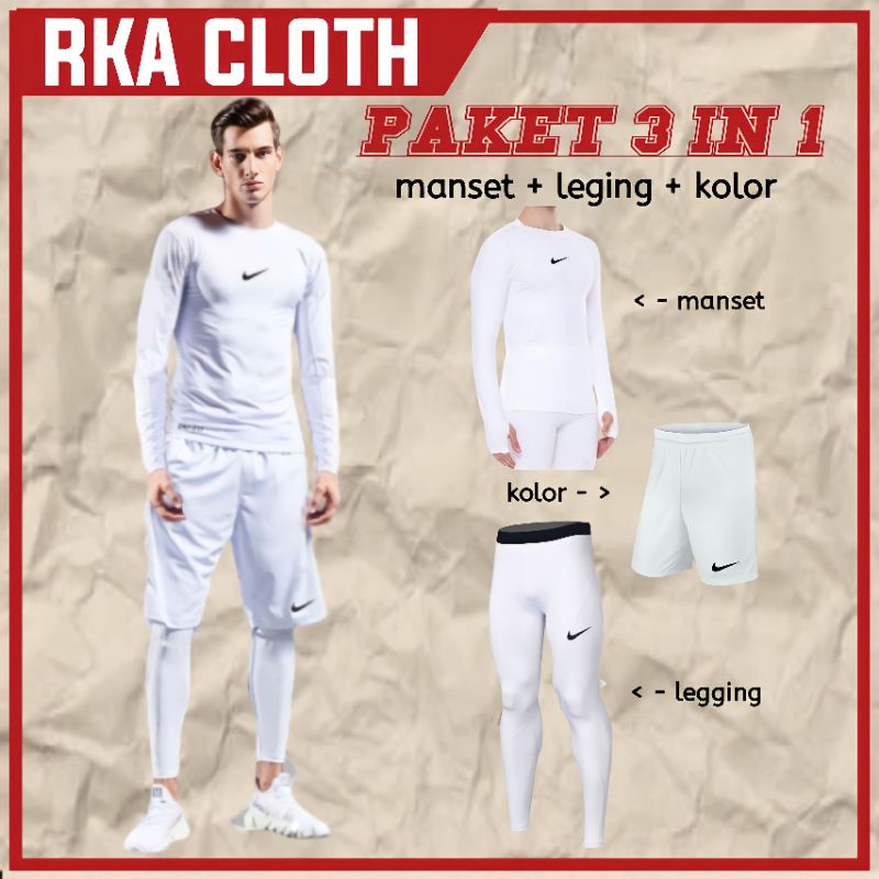 FULLSET OLAHRAGA PRIA STELAN MANSET PUTIH BAJU MANSET PUTIH CELANA LEGGING PUTIH CELANA PENDEK PUTIH