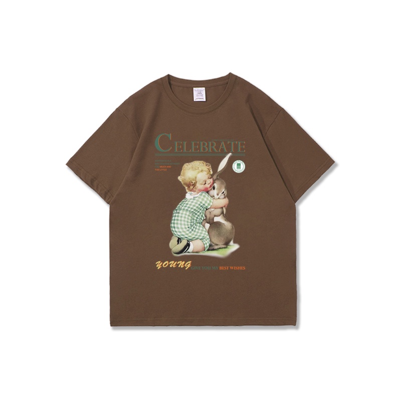 Brown Print T-shirt Kaos Lengan Pendek Cartoon Boy Rabbit Oversize Korean Style