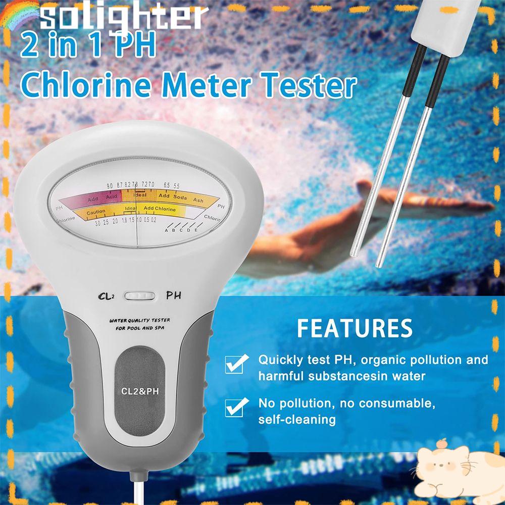 Solighter PH Chlorine Meter Tester Untuk Akuarium Kolam 2in1 Test Pen CL2 Ukur