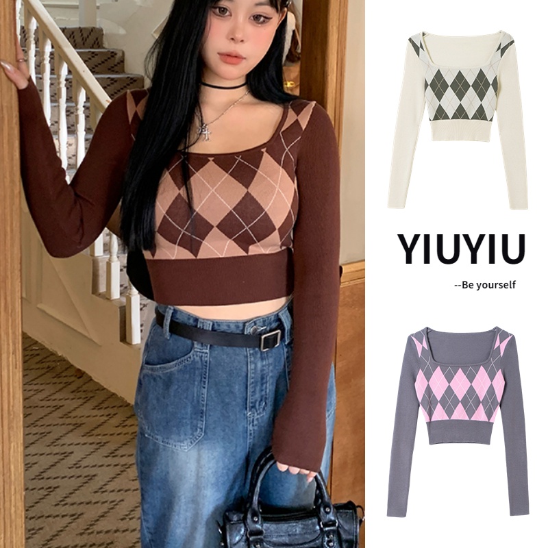 YIU YIU Rajut - Korean Baju Crop Lengan Panjang Kotak Kotak Sweater Crop Squareneck