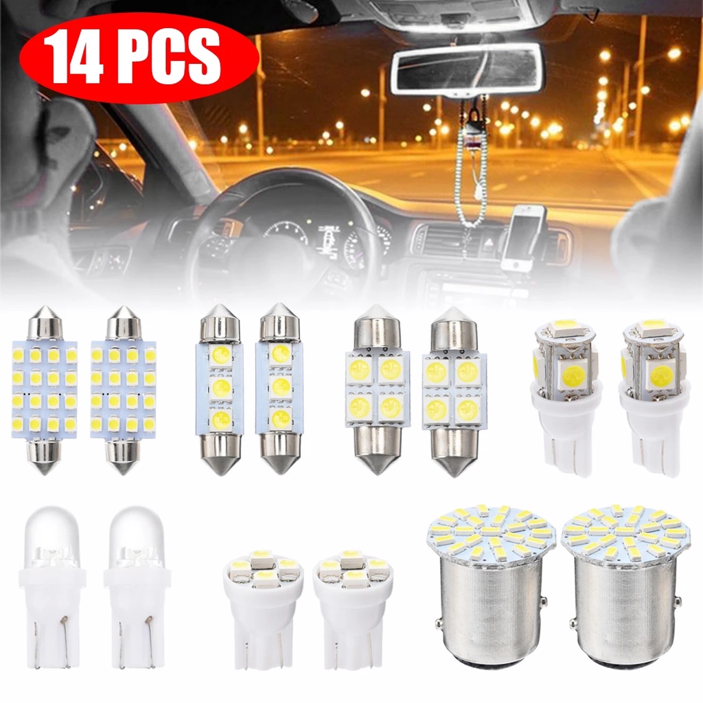 14pcs/set Lampu LED Putih Set Lampu Interior Mobil Auto Map Dome Plat Nomor Pengganti Lampu Kit T10 W5W Trunk Tail Parkir Bohlam Campur