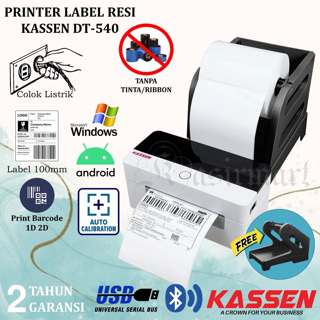 Kassen DT540 Printer Label Thermal Bluetooth 100mm Cetak Stiker Pengiriman Marketplace Shopee A6 DT 540