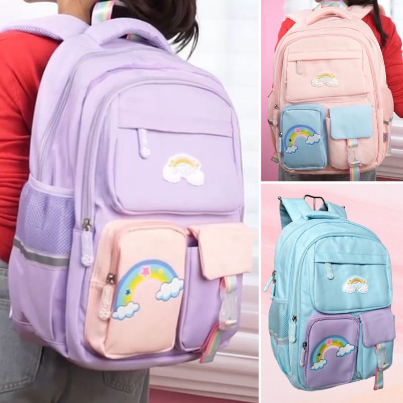 Tas ransel backpack anak perempuan alto girl pelangi - rainbow  free rain cover