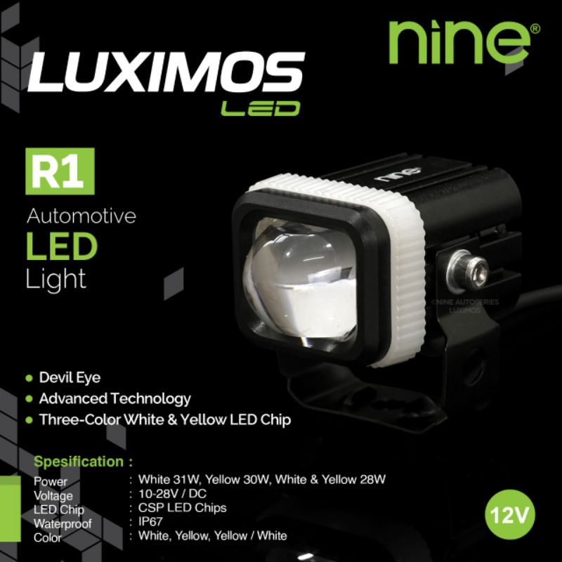 NINE LUXIMOS LAMPU LED SOROT R1 LASER 2 WARNA 4 MODE PUTIH, KUNING, PUTIH-KUNINGDAN DEVIL EYE R1 SHOOTING LINGHT MOTOR DAN MOBIL