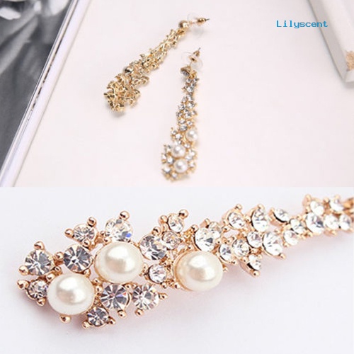 [LS] Elegan Fashion Wanita Mutiara Berlian Imitasi Menjuntai Lampu Gantung Drop Earrings Perhiasan