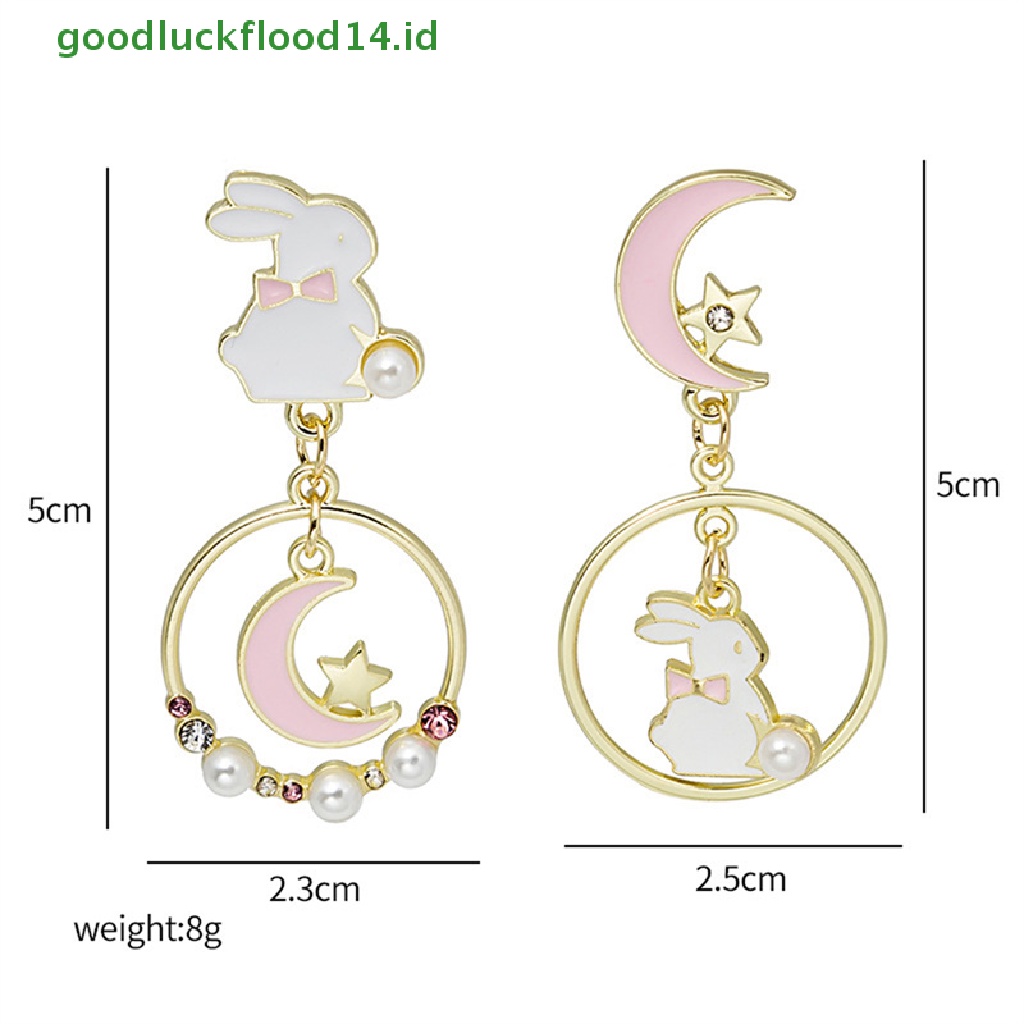 [GOOGFOUR] Lucu Fashion Asymmetric Rabbit Moon Star Stud Earrings Wanita Eardrop Perhiasan Pesta [TOP]