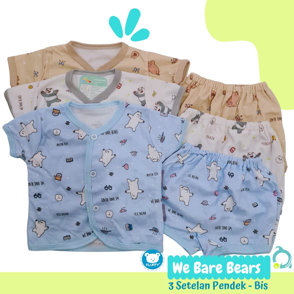 FLUFFY We Are Bare Bear / Bis 3 Setelan Panjang Pendek  ( 3 Baju 3 Celana) Baju Bayi Baru Lahir / Newborn