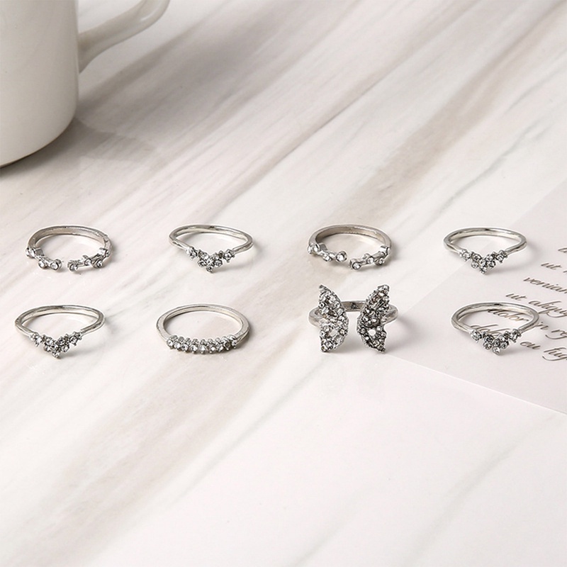 8pcs/set Korea Fashion Cincin Emas Kupu-Kupu Berongga Mutiara Cincin Jari Rings Untuk Aksesoris Perhiasan Wanita