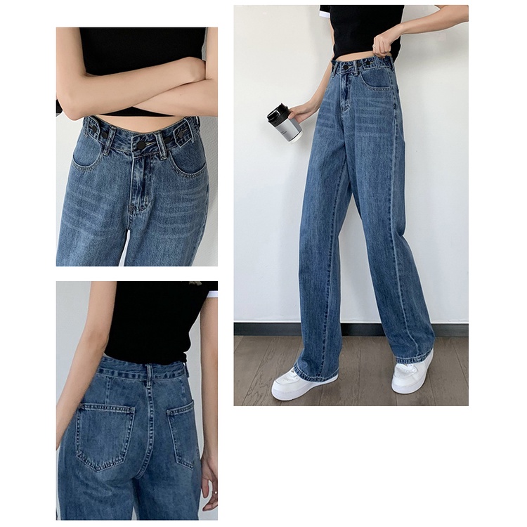 Korean Jeans Wanita Highwaist Biru laut Celana Panjang Jeans Wanita Loose Import