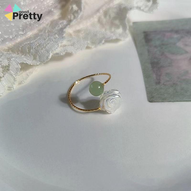 Cincin Wanita Pembuka Bunga Mawar Putih Giok  Kemewahan Cahaya Cincin Desain Niche - PD